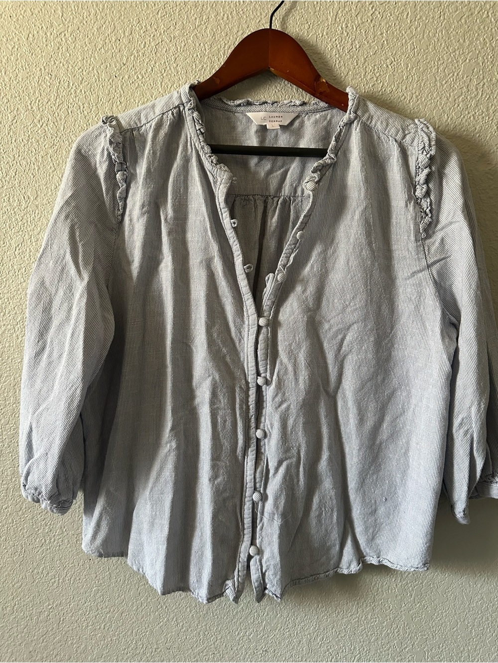 LC Lauren Conrad Light Blue Button-Front Ruffle Trim Blouse
